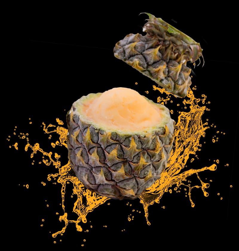 Mango-passion fruit sorbet ice cream in pineapple